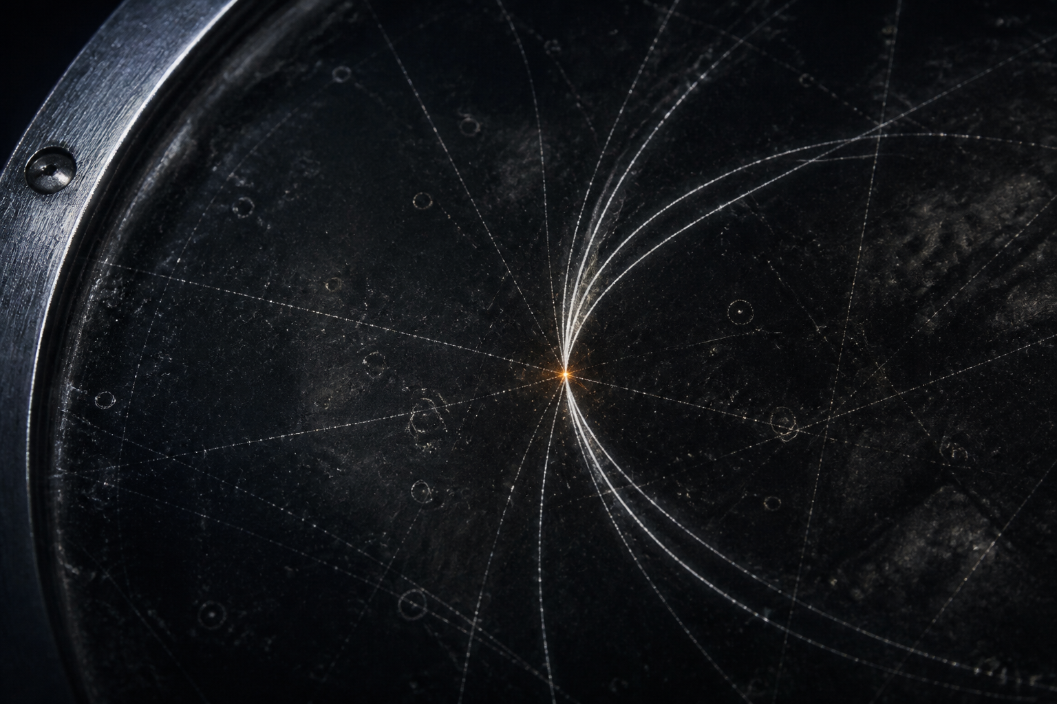 White particle arcs meeting at an orange event point