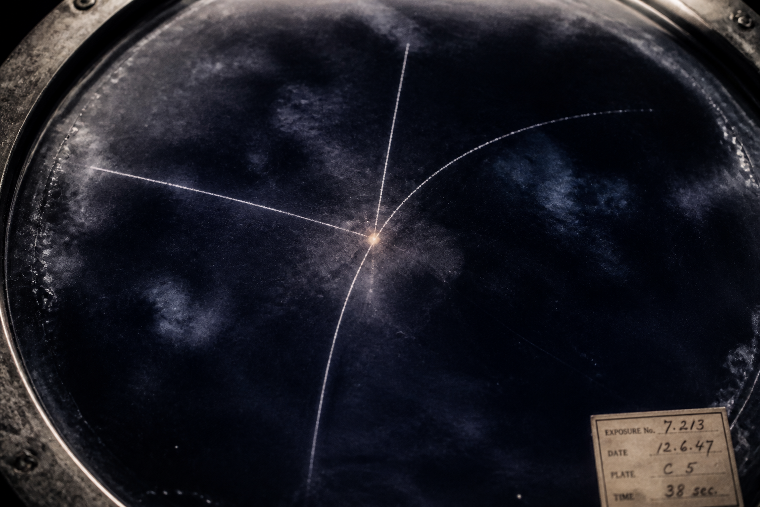 Dark cloud chamber observation plate with white vapor particle trails and a collision mark