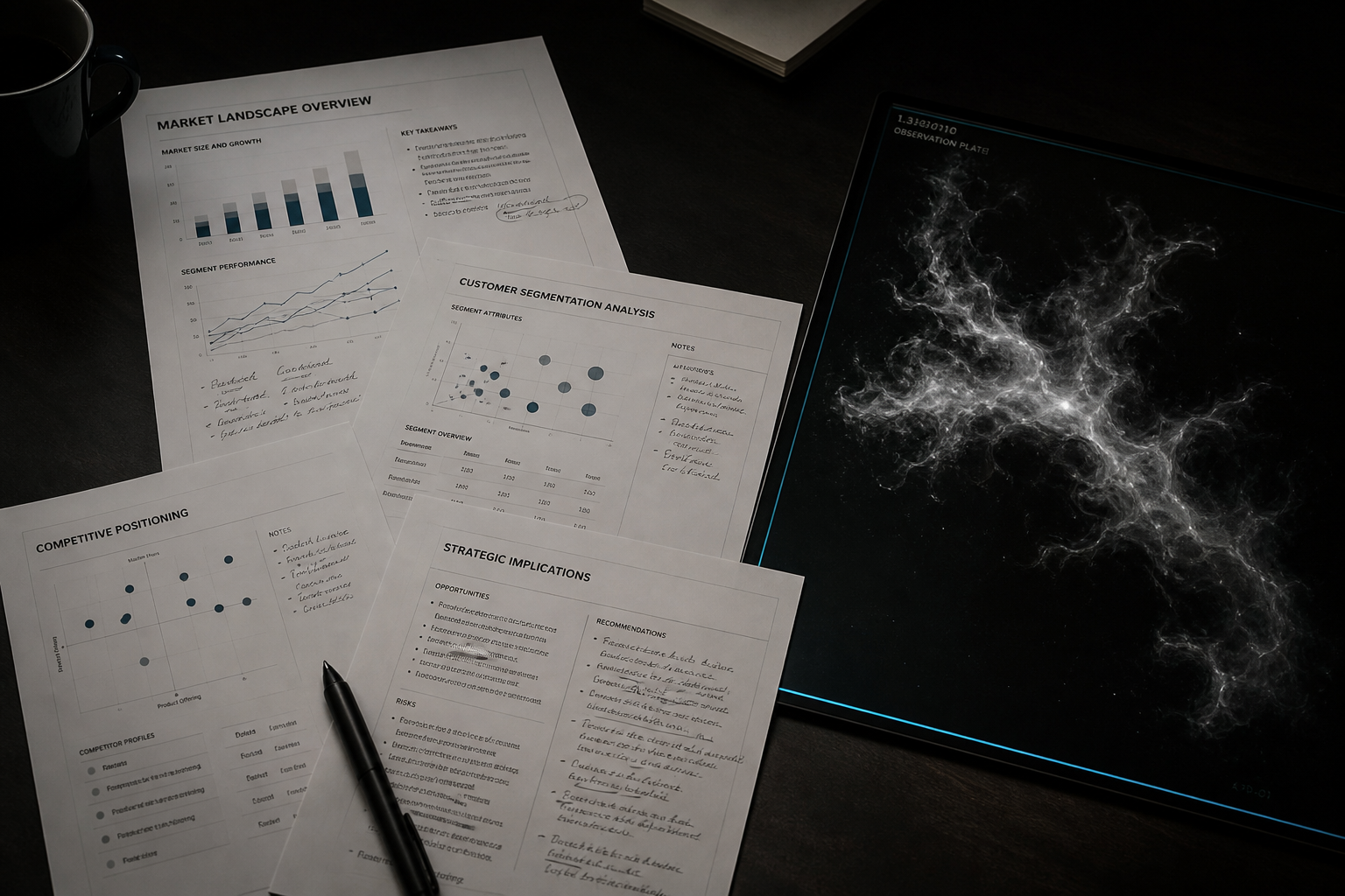 Annotated research pages beside black glass with vapor streaks